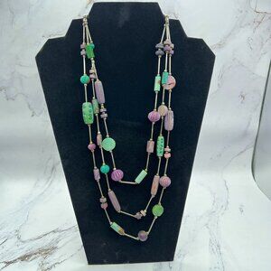 Native American Style 3 Strand Beaded Necklace Multicolor Silver Vintage